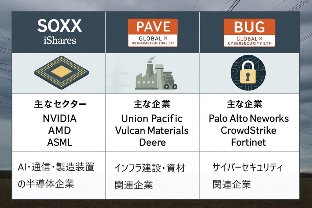 3ETFを表で比較した図解(構成セクター/主な企業/特徴など)