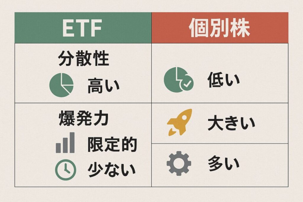 ETF vs 個別株 の違いを比較(分散性/爆発力/手間 など)