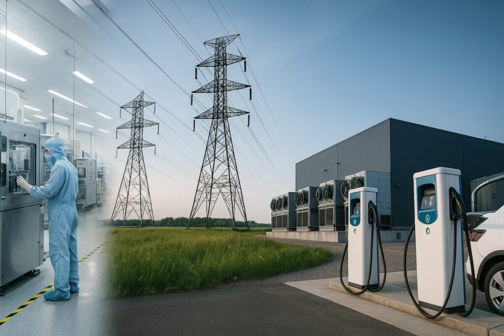 半導体製造ライン(クリーンルーム)・高圧電線・データセンター・EV充電網など“未来を支える縁の下の構造物”を象徴する絵