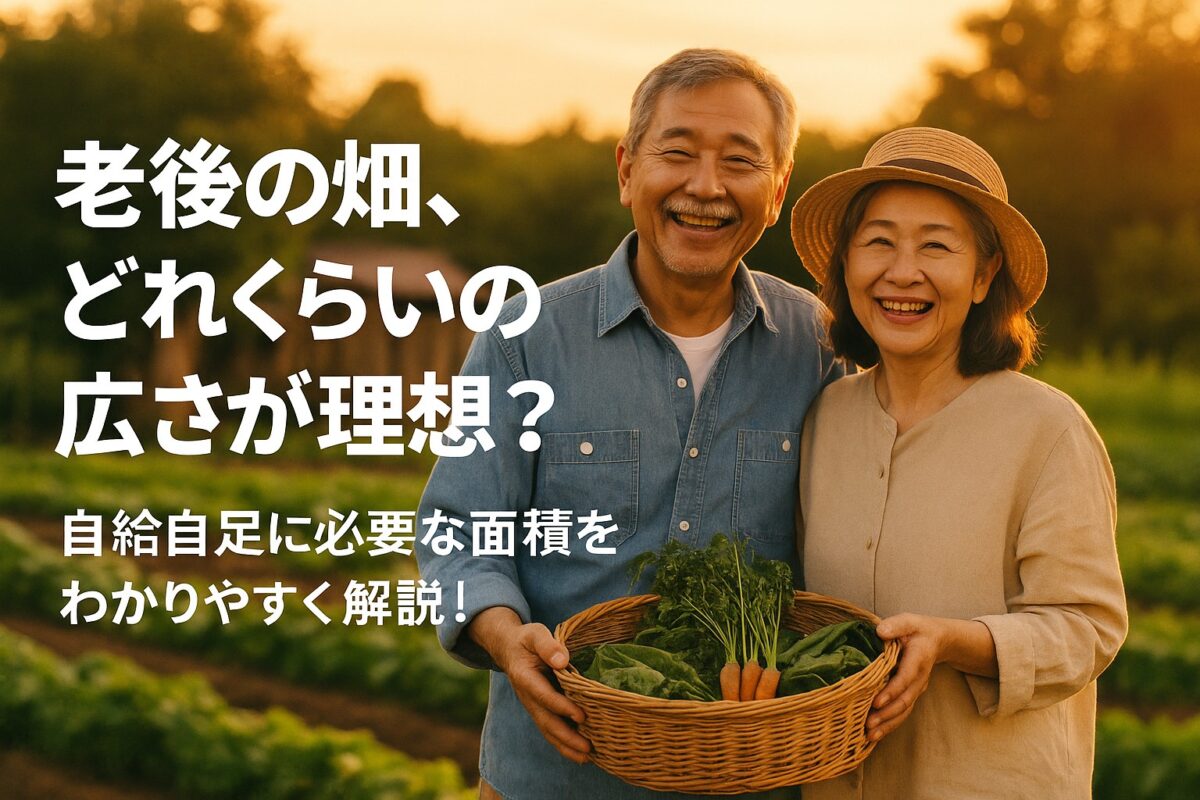 夕方の柔らかい光に包まれた畑で、60代の夫婦が笑顔で収穫かごを手にしている。 背景には緑豊かな畝と木製の小屋。空はオレンジがかっており“温かい余生”を感じさせる。