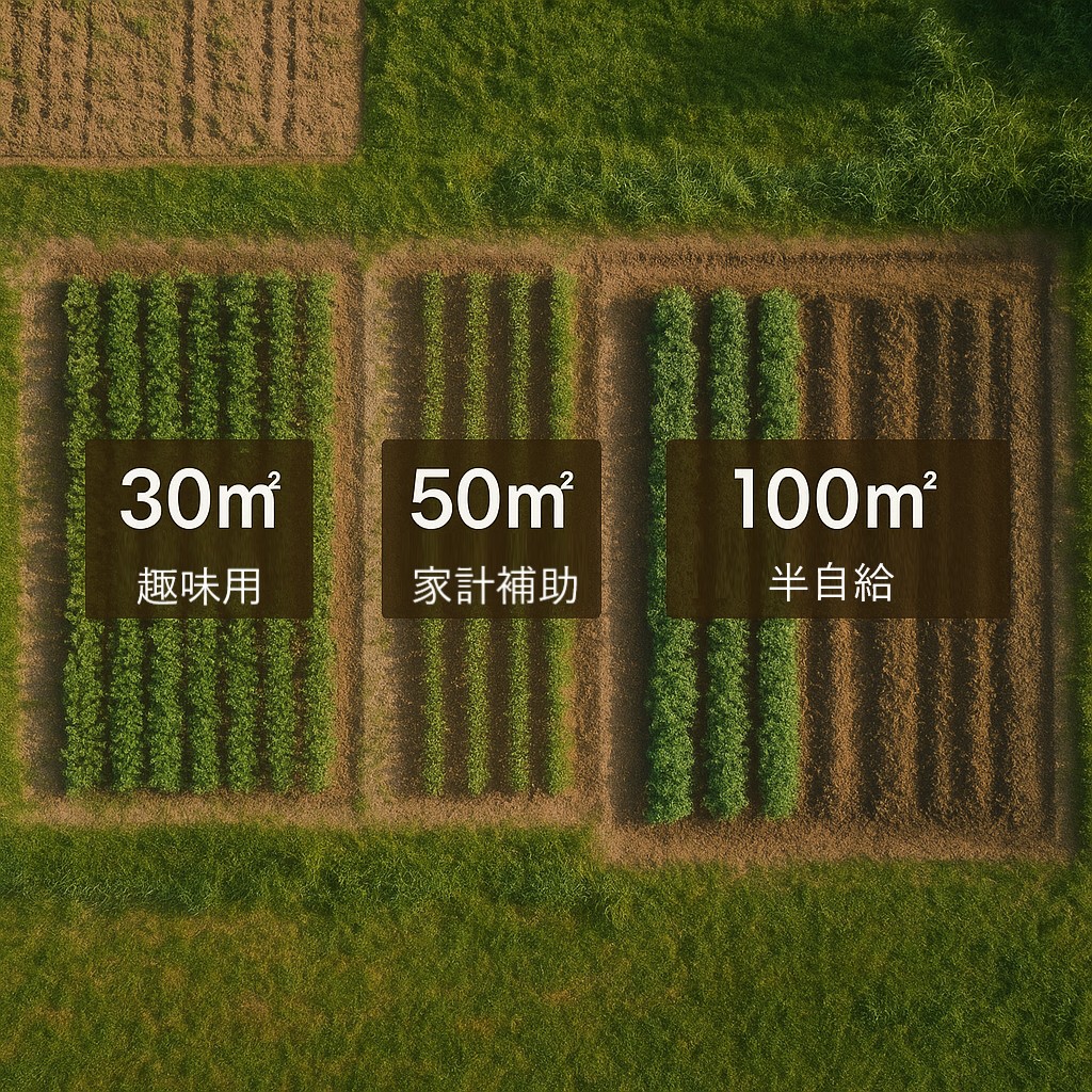 上空から見た3つの畑区画(30㎡・50㎡・100㎡)をリアル風に再現。
簡易注釈:「30㎡:趣味用」「50㎡:家計補助」「100㎡:半自給」