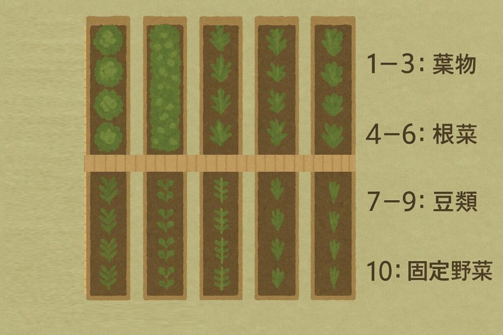 10本の畝を上から見た簡易イラスト風に。
「畝①〜③:葉物」「④〜⑥:根菜」「⑦〜⑨:豆類」「⑩:固定野菜」
カラートーンはナチュラルグリーン×木目調。