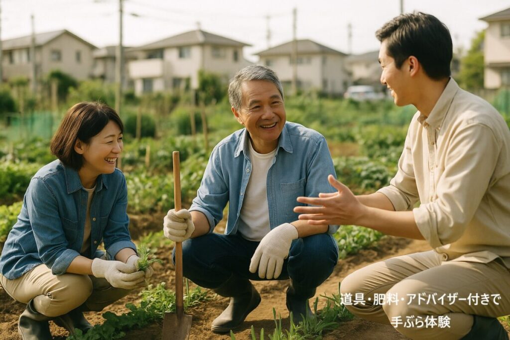 都市郊外の区画畑で、男女が楽しそうに作業。
アドバイザーが説明している姿が写っている(自然な笑顔・清潔な服装)。