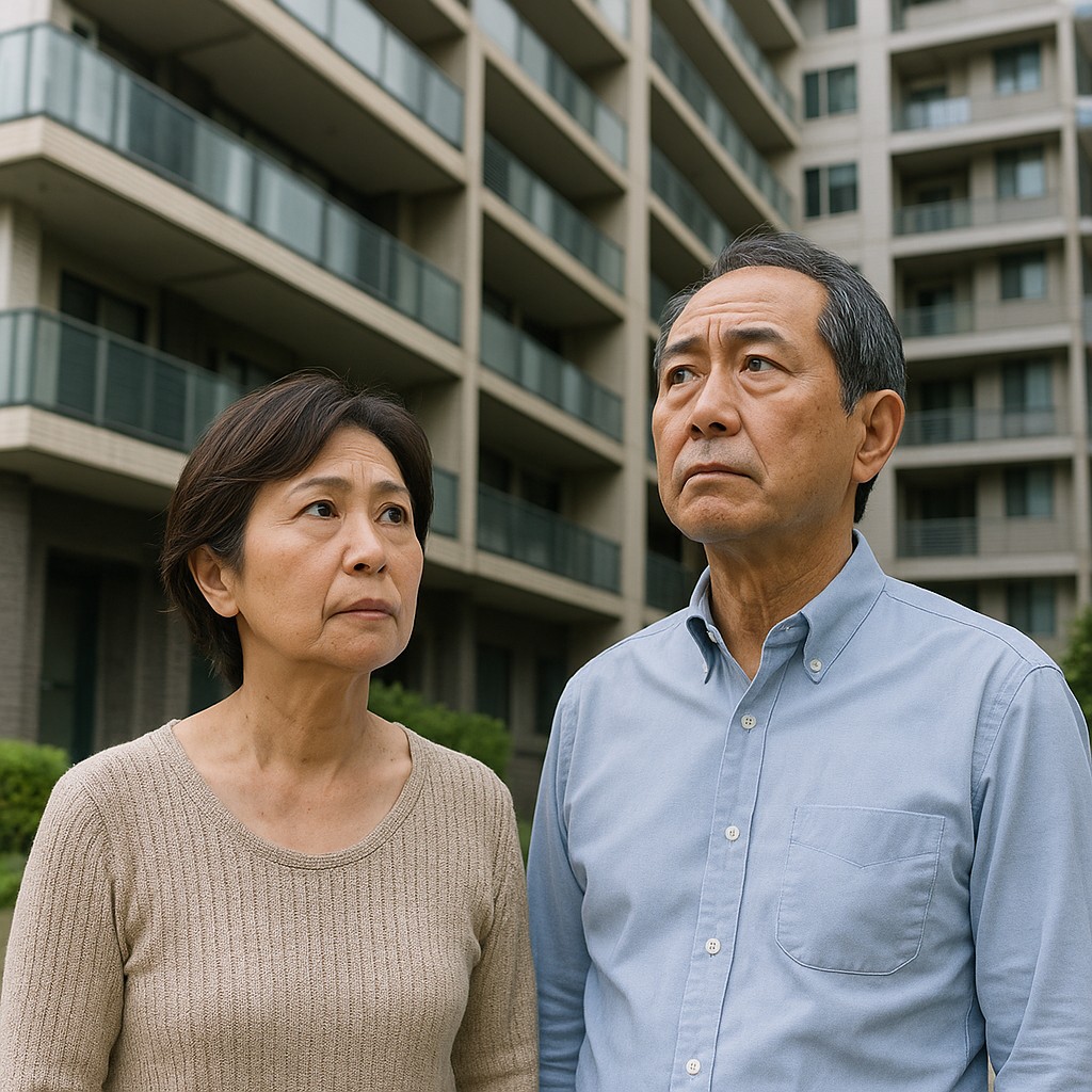 自宅マンションの前で考える60代夫婦