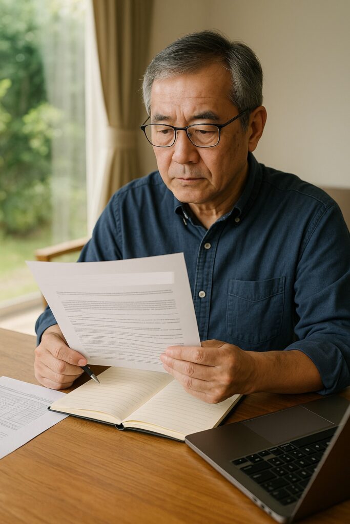 住宅ローンの書類を確認する中年男性