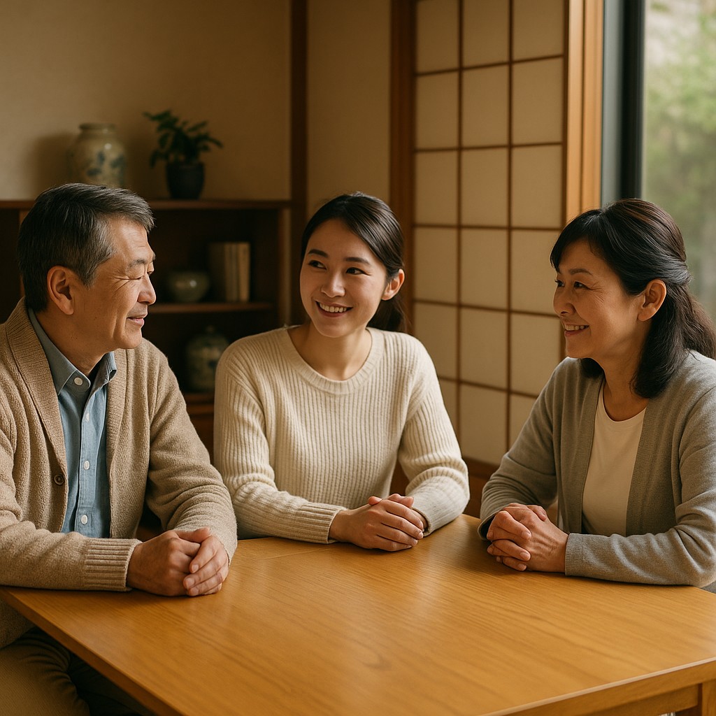 家族会議を開く60代夫婦と娘