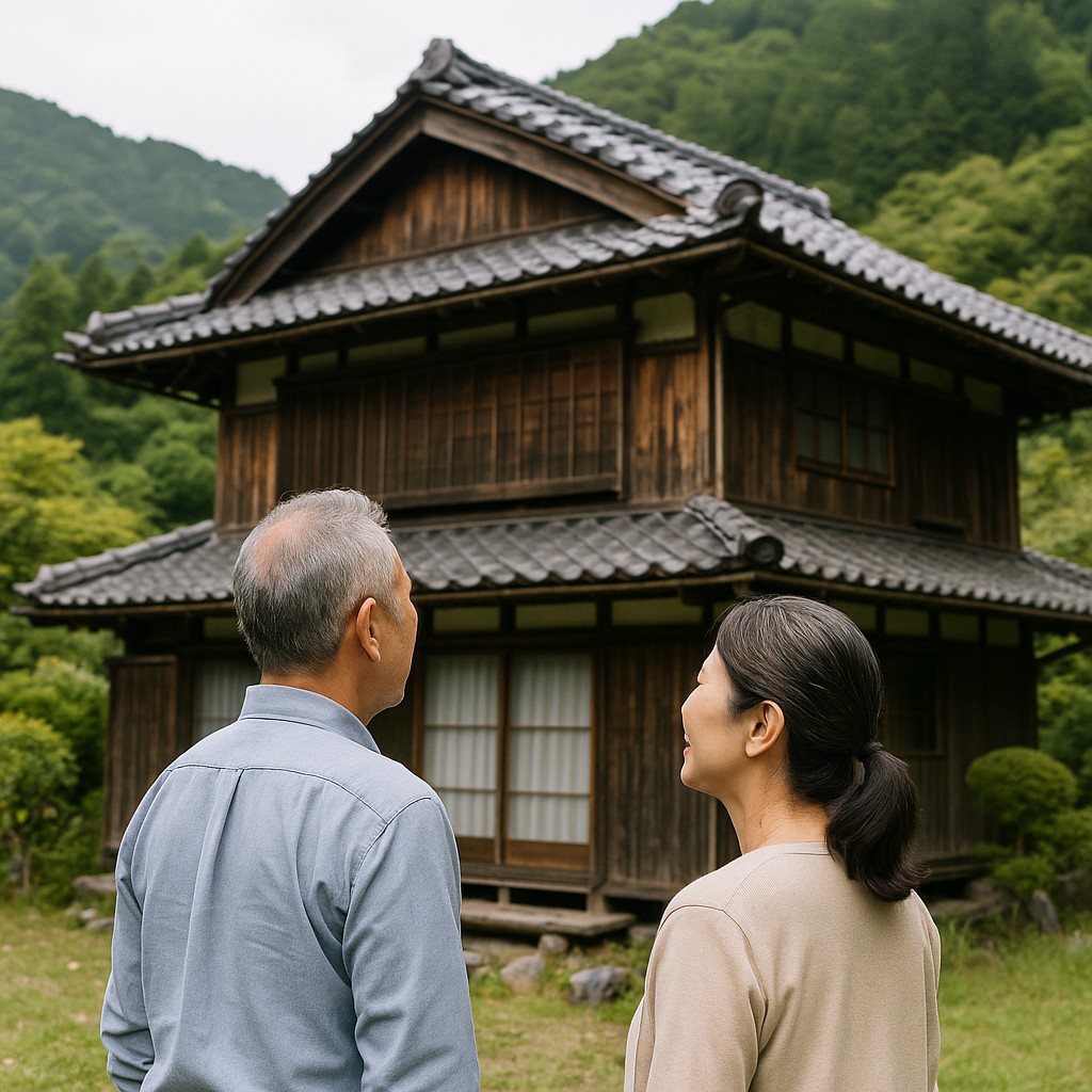 田舎の古民家を見学するシニア夫婦