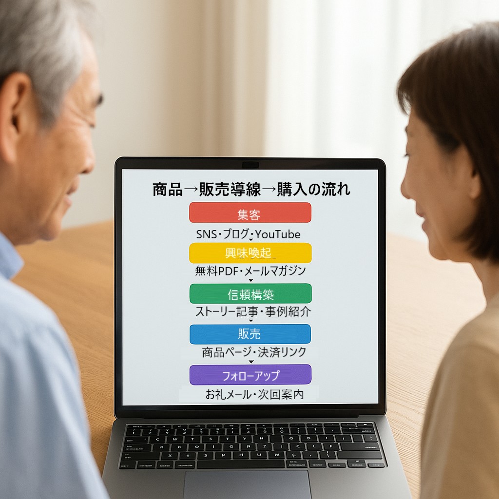 手書きの導線マップを指差す60代男性