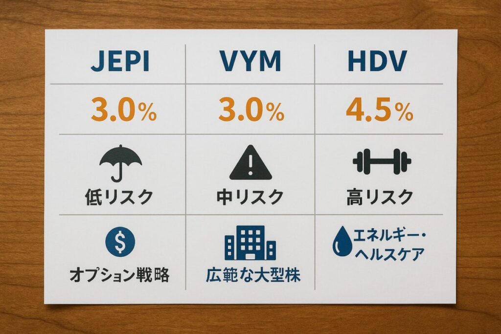 JEPI・VYM・HDVの比較図（特徴＋利回り）