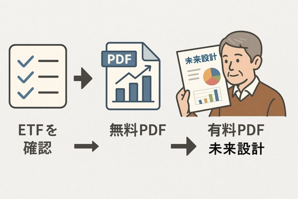 3ステップ行動導線図：チェック→PDF→未来設計