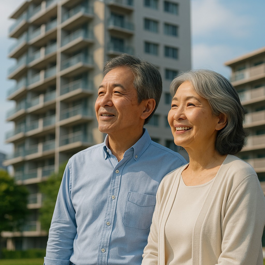 都会のマンションを背景に、60代夫婦が「これからの暮らし」を考えるように外を見ている