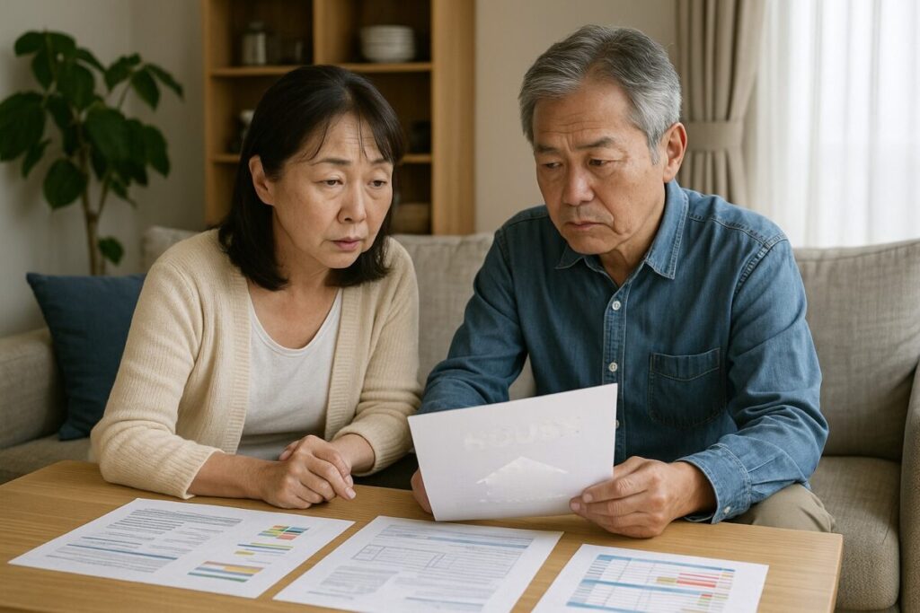 リビングテーブルで不動産資料を広げ、話し合う60代夫婦
