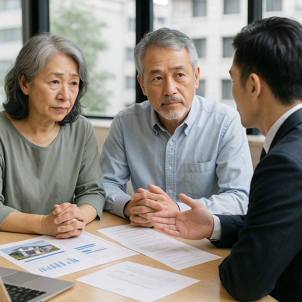 不動産会社の窓口で相談しているイメージ、担当者と夫婦が真剣に話す