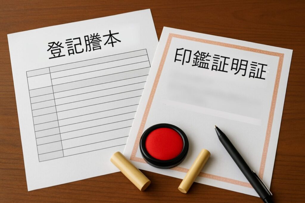 机に登記簿や印鑑証明、ペンが並ぶ写真