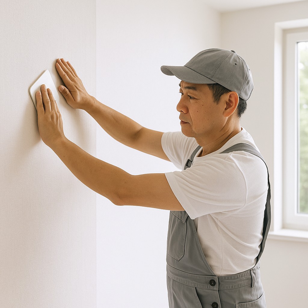 職人が壁紙を貼り替えているシーン、清潔で明るい部屋