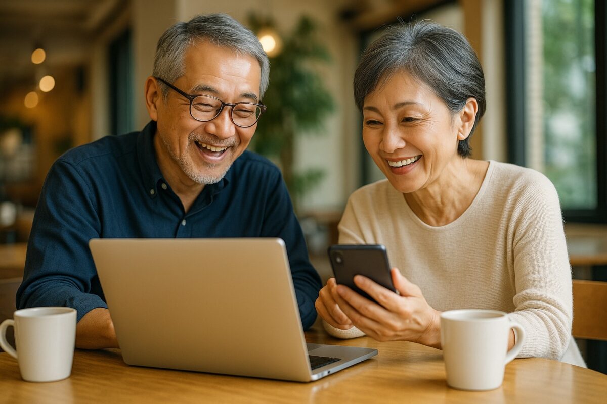 60代男女がカフェで笑顔で会話しながらPCやスマホを見ている
