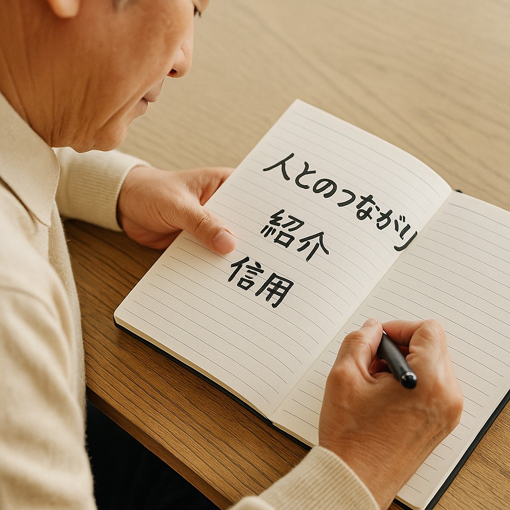 セミシニアがノートに「人とのつながり」「紹介」「信用」などのキーワードを書いている