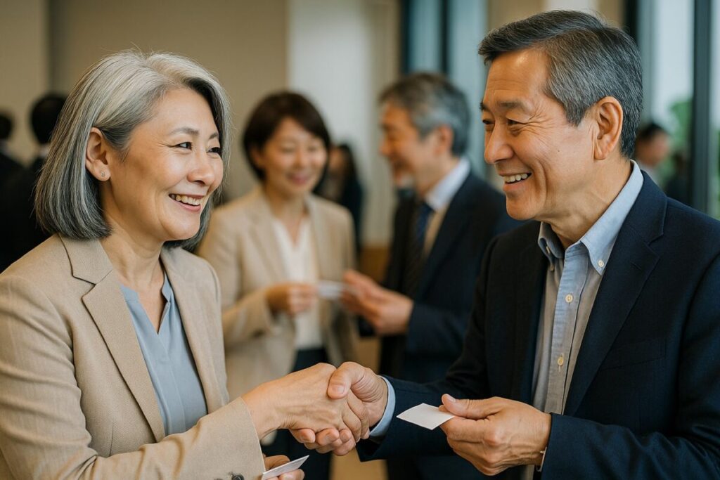 60代の男女が名刺交換や小規模な交流会で会話しているリアル風のシーン。