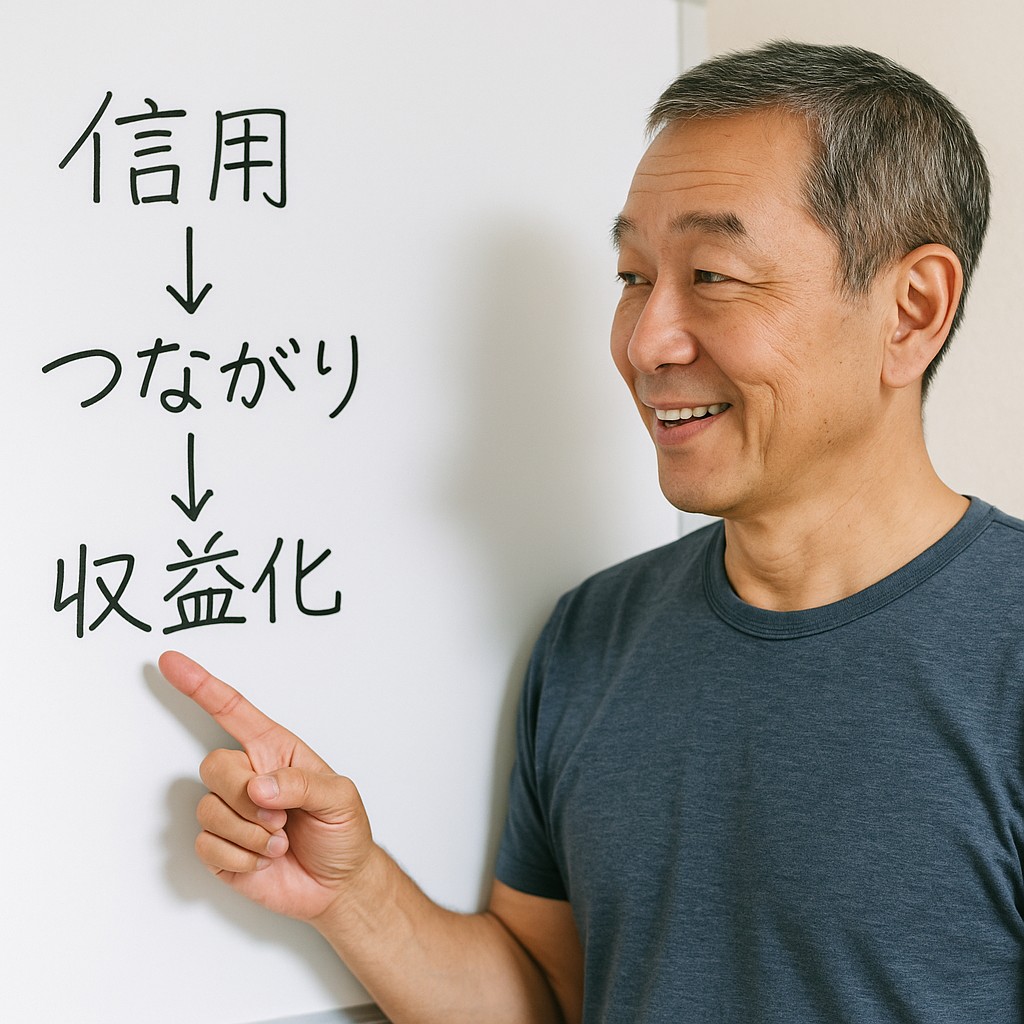 白板に「信用→つながり→収益化」と手書きで書かれた図を指さす人物