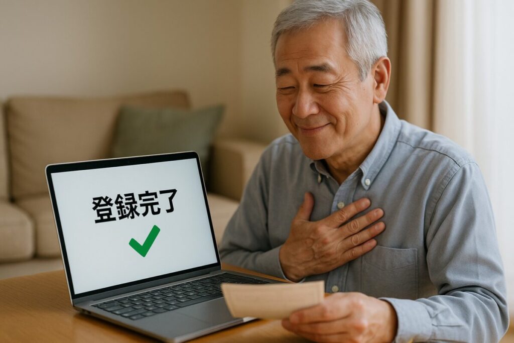 ノートPC画面に“登録完了”が表示され、安心しているシニア男性