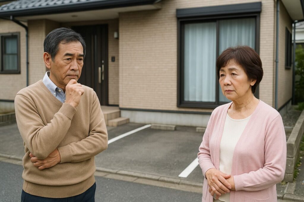 自宅前の駐車スペースを見ながら考えているシニア男性・女性