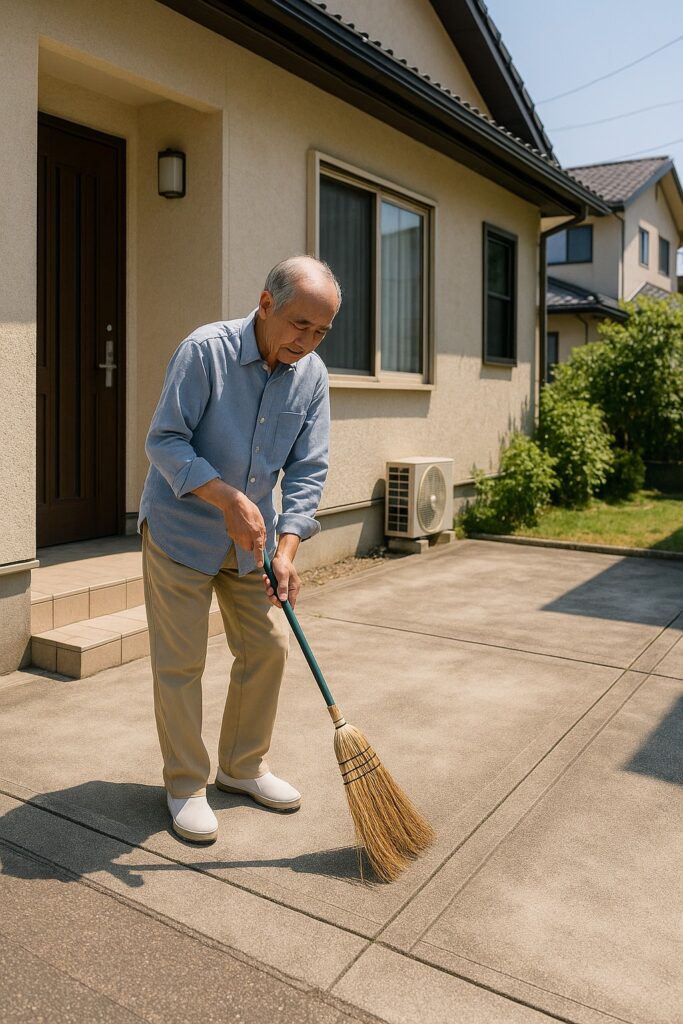 シニア男性が駐車スペースを掃除している（ほうきや簡単な清掃）