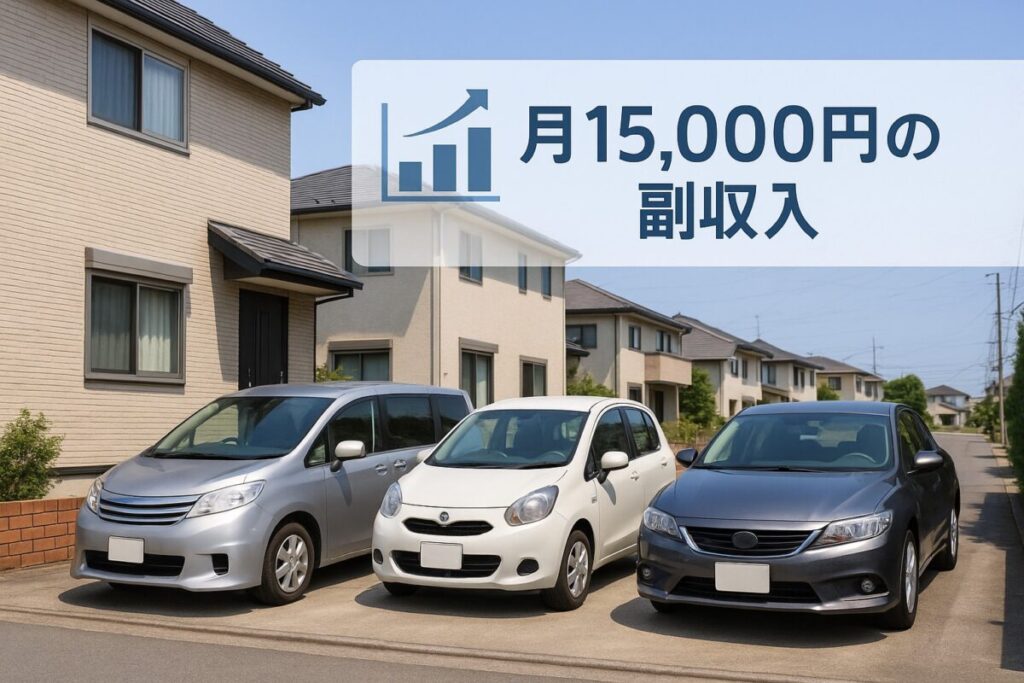 駐車場に1〜3台の車が停まっているシーン（普通の住宅地風景）