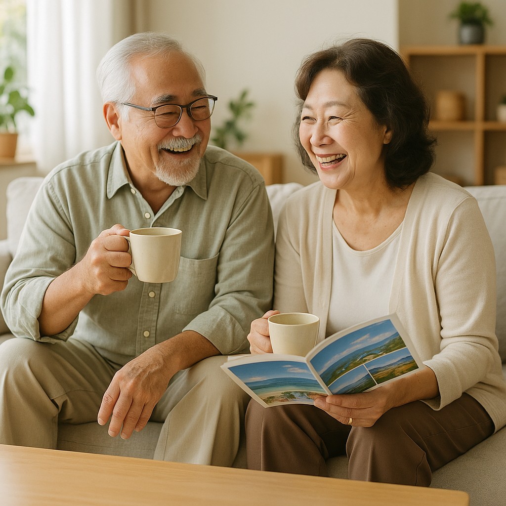 シニア夫婦がリビングで笑顔で過ごしている（お茶を飲む・旅行パンフを見るなど）