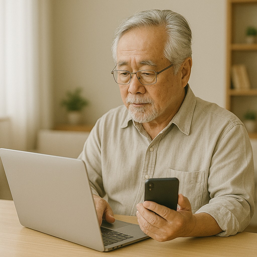 シニア男性がパソコンやスマホで登録フォームを操作しているシーン
