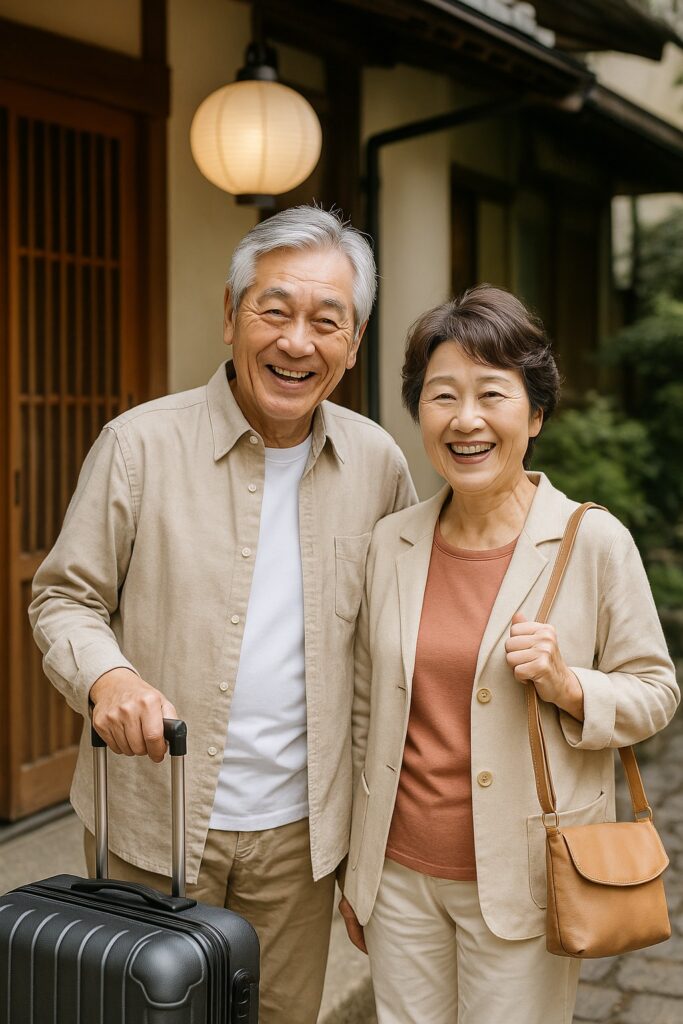 「旅行カバンを持って笑顔のシニア夫婦」または「温泉旅館に到着している様子
