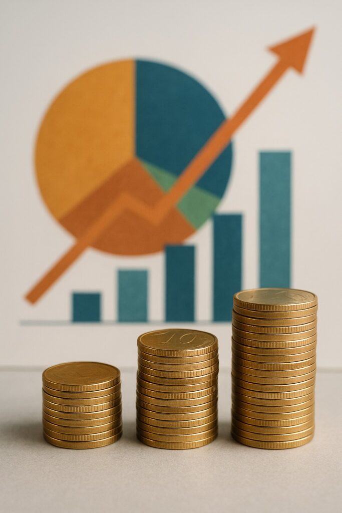 　「積み上がるコインや円グラフ（利回り上昇イメージ）」のイラスト／図解