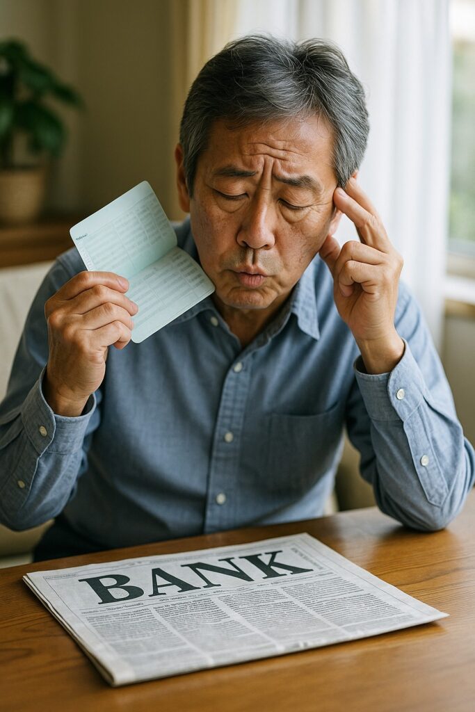 銀行の金利ゼロにため息をつくシニア男性