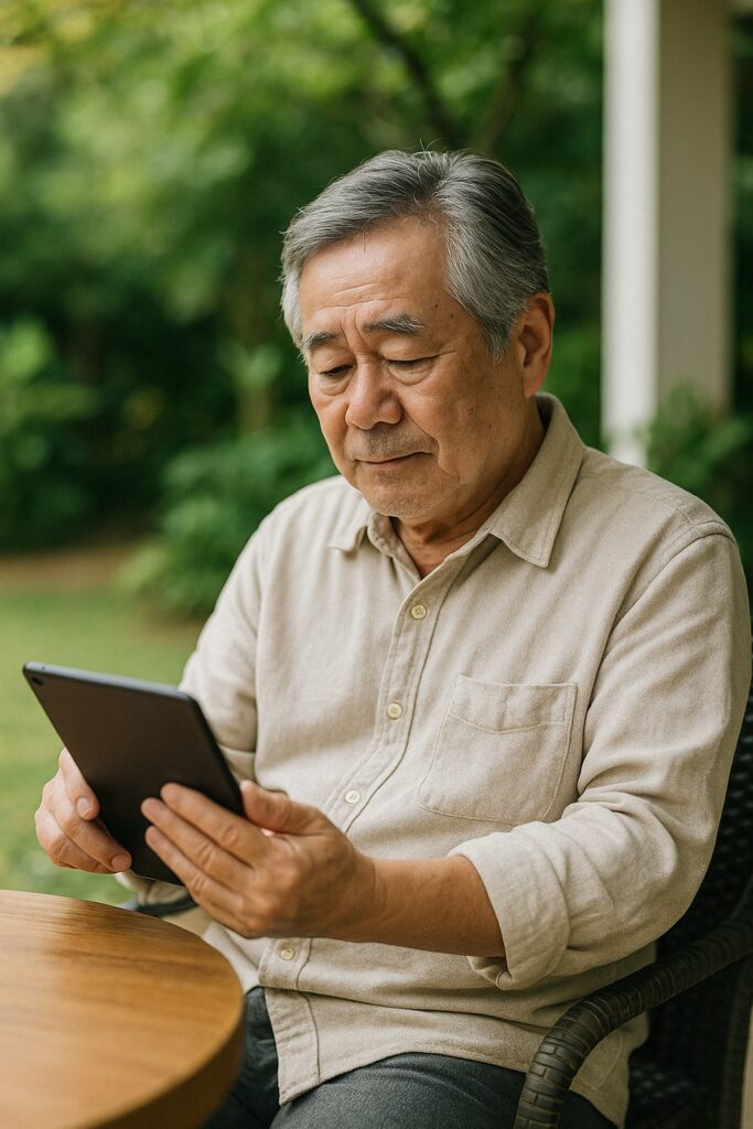 庭やカフェで、リラックスしながらスマホやタブレットで投資アプリを眺めるシニア