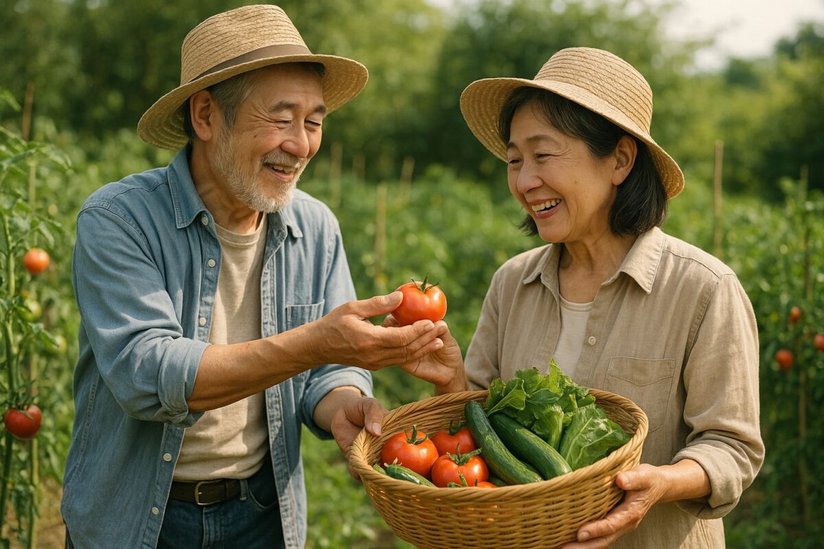 定年後の夫婦が畑で笑顔で野菜を収穫する様子