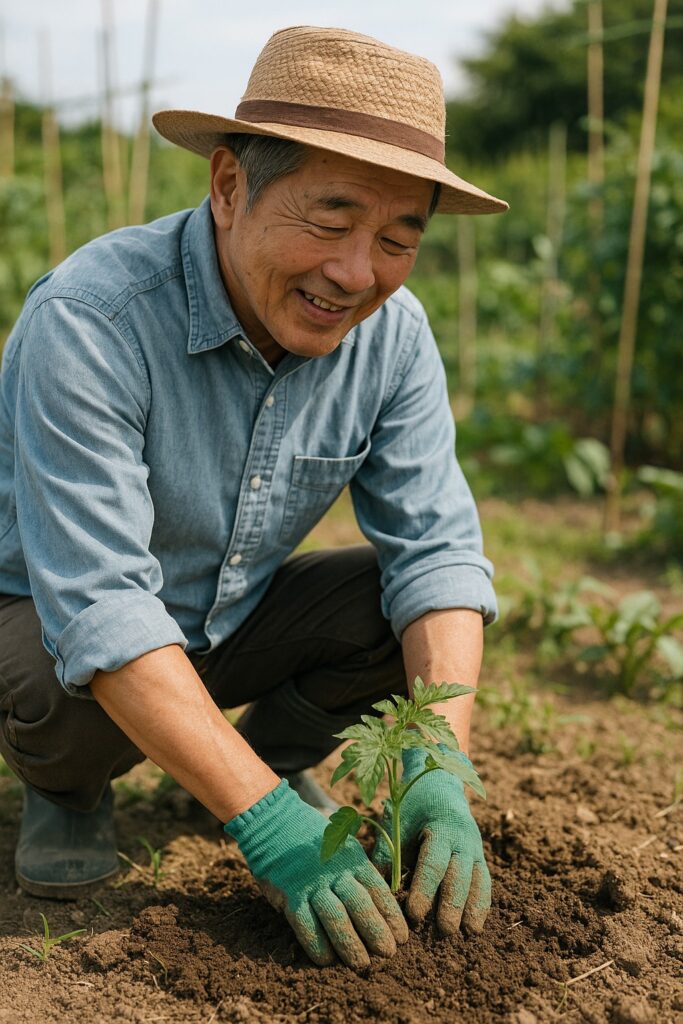 60代の男性が畑で苗を植える姿。初心者でも始めやすい雰囲気