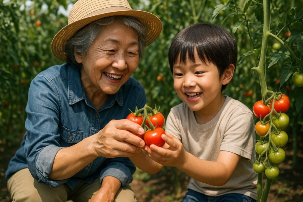 シニア女性が孫と一緒にトマトを収穫する幸せな瞬間
