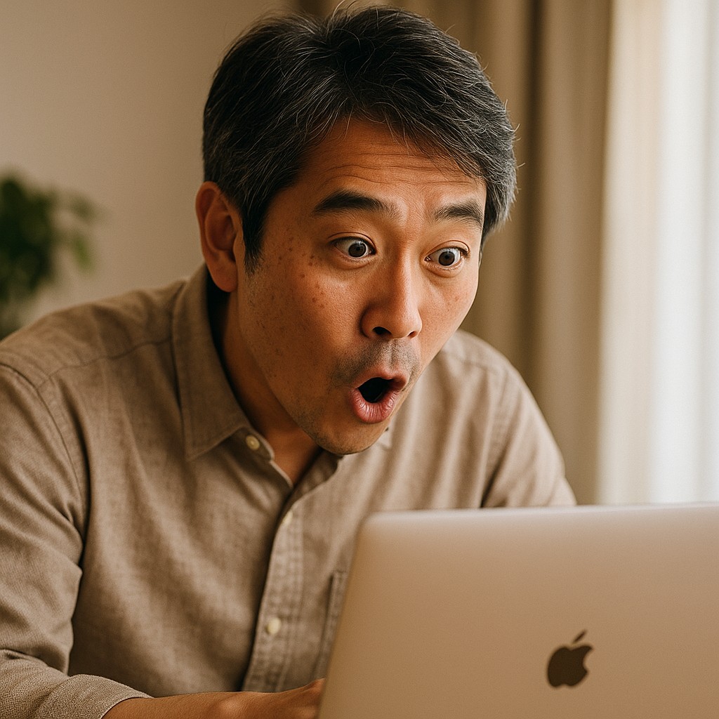 ノートPC画面を覗き込みながらAIに驚く男性