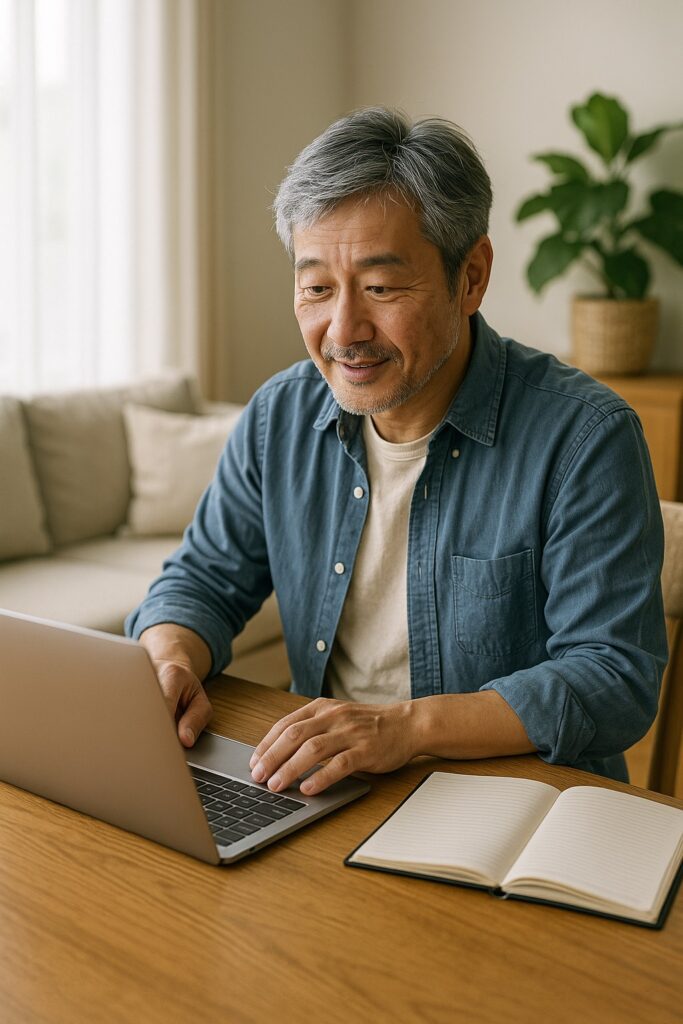 ノマド風に在宅で仕事をするシニア男性