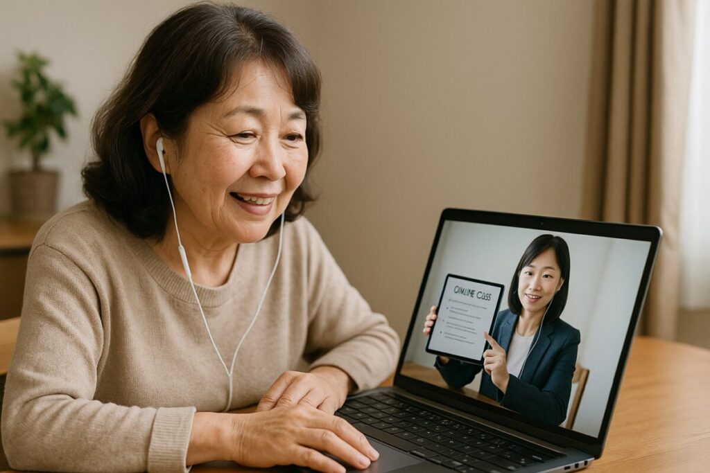 オンライン講座を受ける日本人女性（60代）