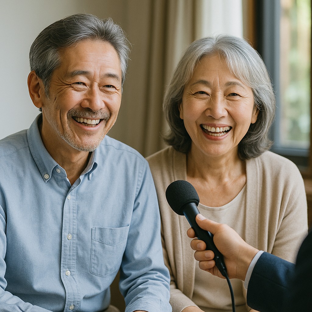 笑顔でインタビューを受ける男女