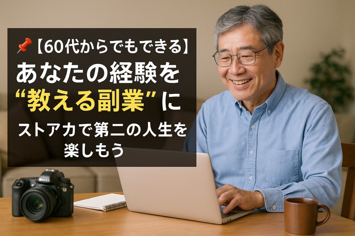 自宅でノートパソコンを使ってオンライン講座を開くシニア男性。明るい自然光、温かい家庭的空間、穏やかな笑顔。 「あなたの経験を教える副業に!」というメッセージ入り。