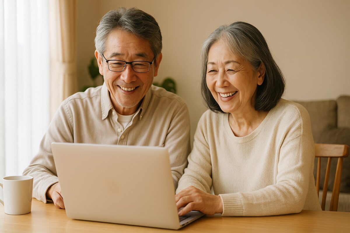 リアルな日本人シニア夫婦、明るいリビングでノートPCを開き微笑む、ネットショップ準備中、自然光、温かみのある色合い