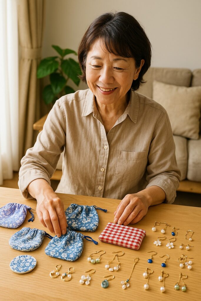 日本人シニア女性、ハンドメイド作品(布小物・アクセサリー)を並べている、自然光、木のテーブル、明るい雰囲気
