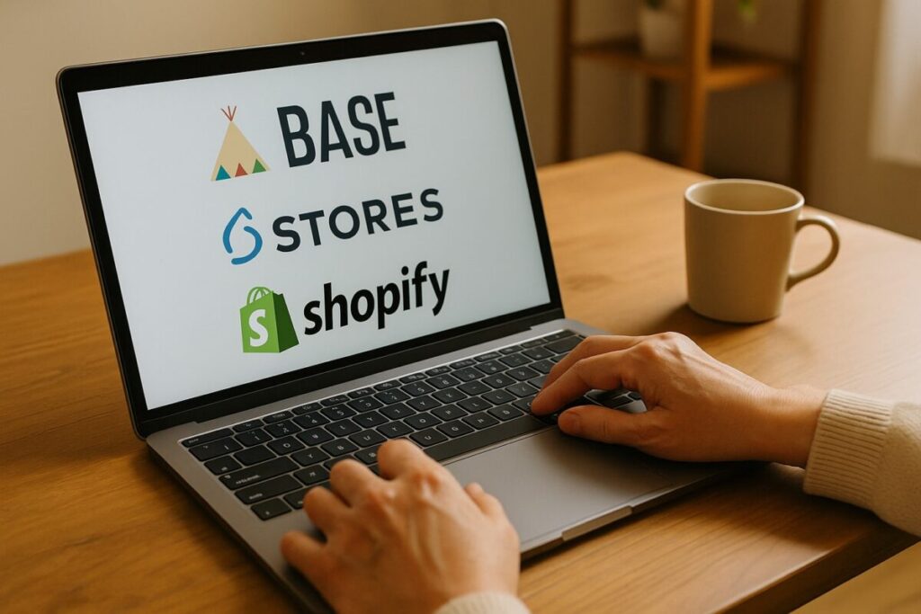 デスク上にノートPC、画面にBASE・STORES・Shopifyロゴ、ネットショップの設定をする手元、日本の家庭の室内、リアル風