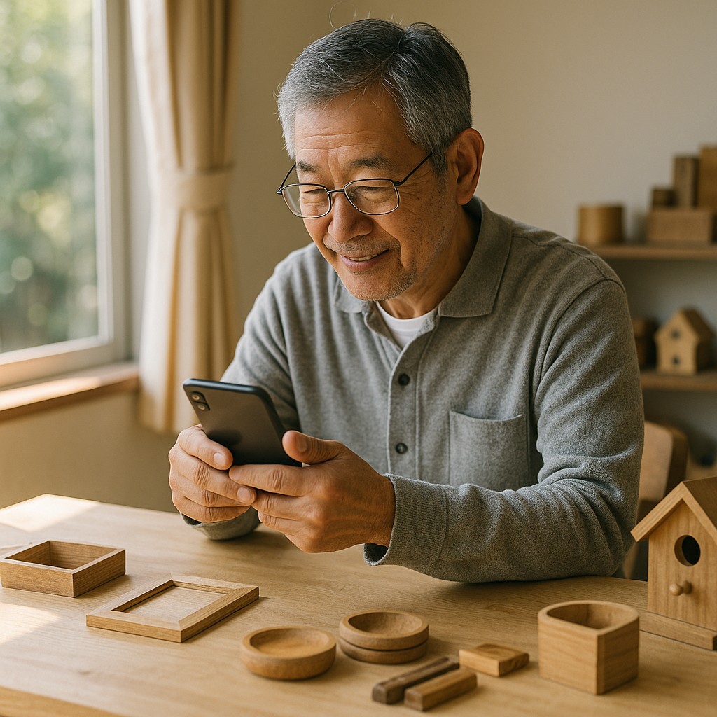 日本人シニア男性、木工作品や小物をスマホで撮影している、日差しの入る作業部屋、自然でリアルなトーン