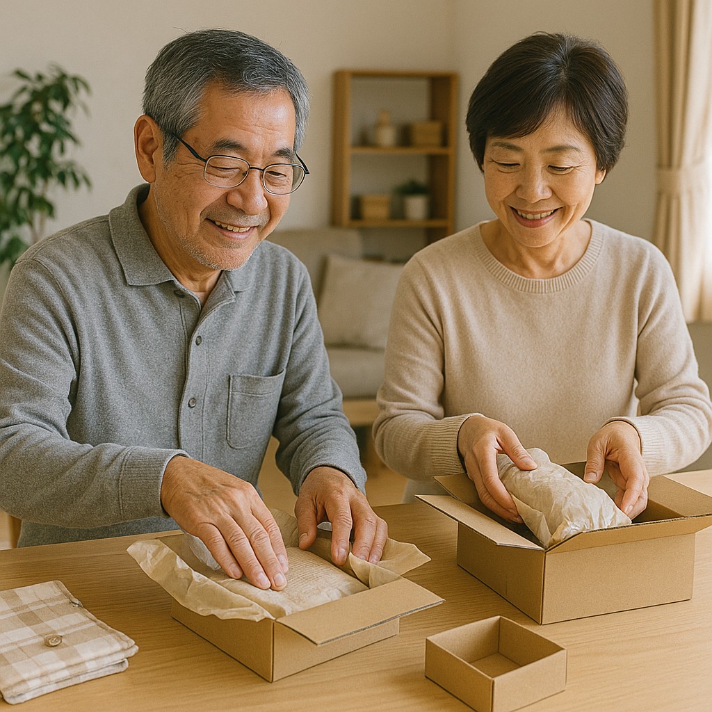 日本人シニア夫婦、ダンボールや商品を丁寧に梱包している、明るい部屋、清潔感のある生活感