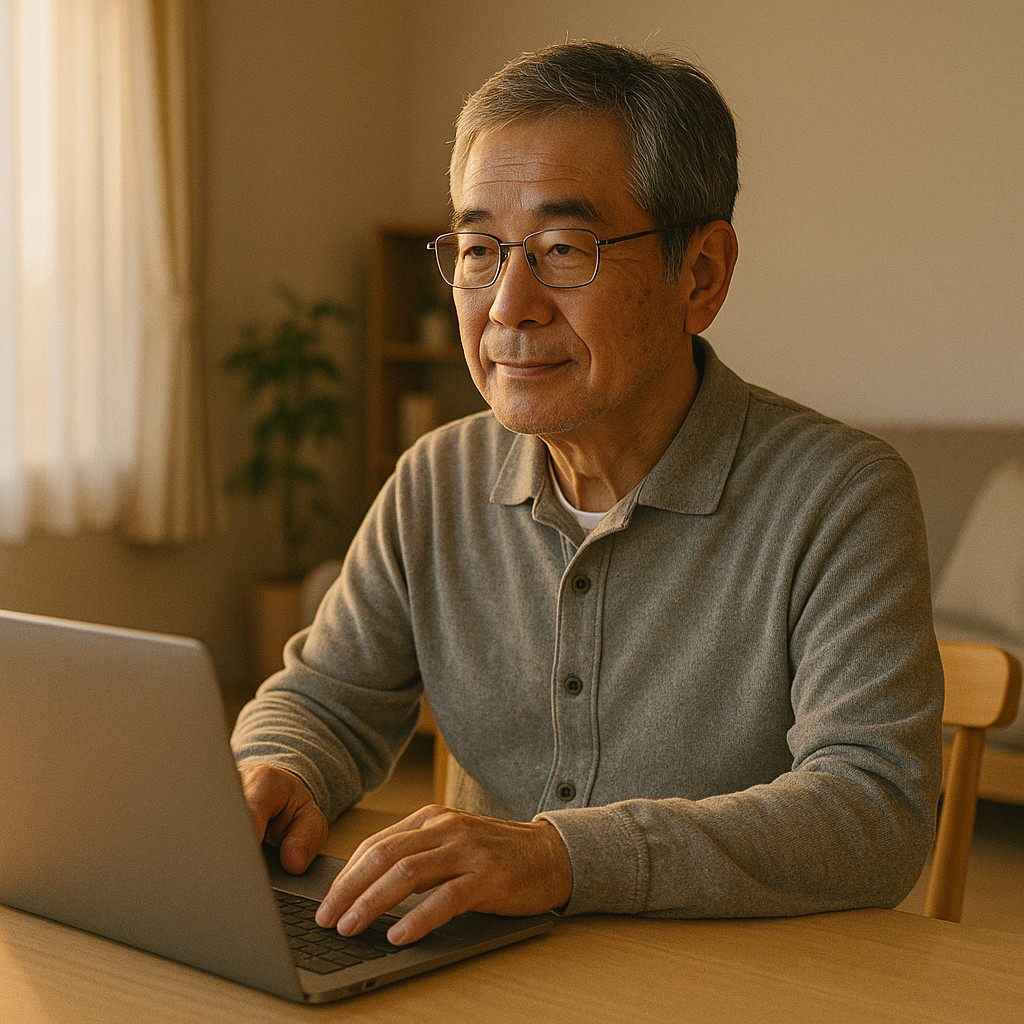 日本人シニア男性、リビングでノートPCを見つめる、柔らかな夕陽、落ち着いたリアルトーン、希望を感じる構図