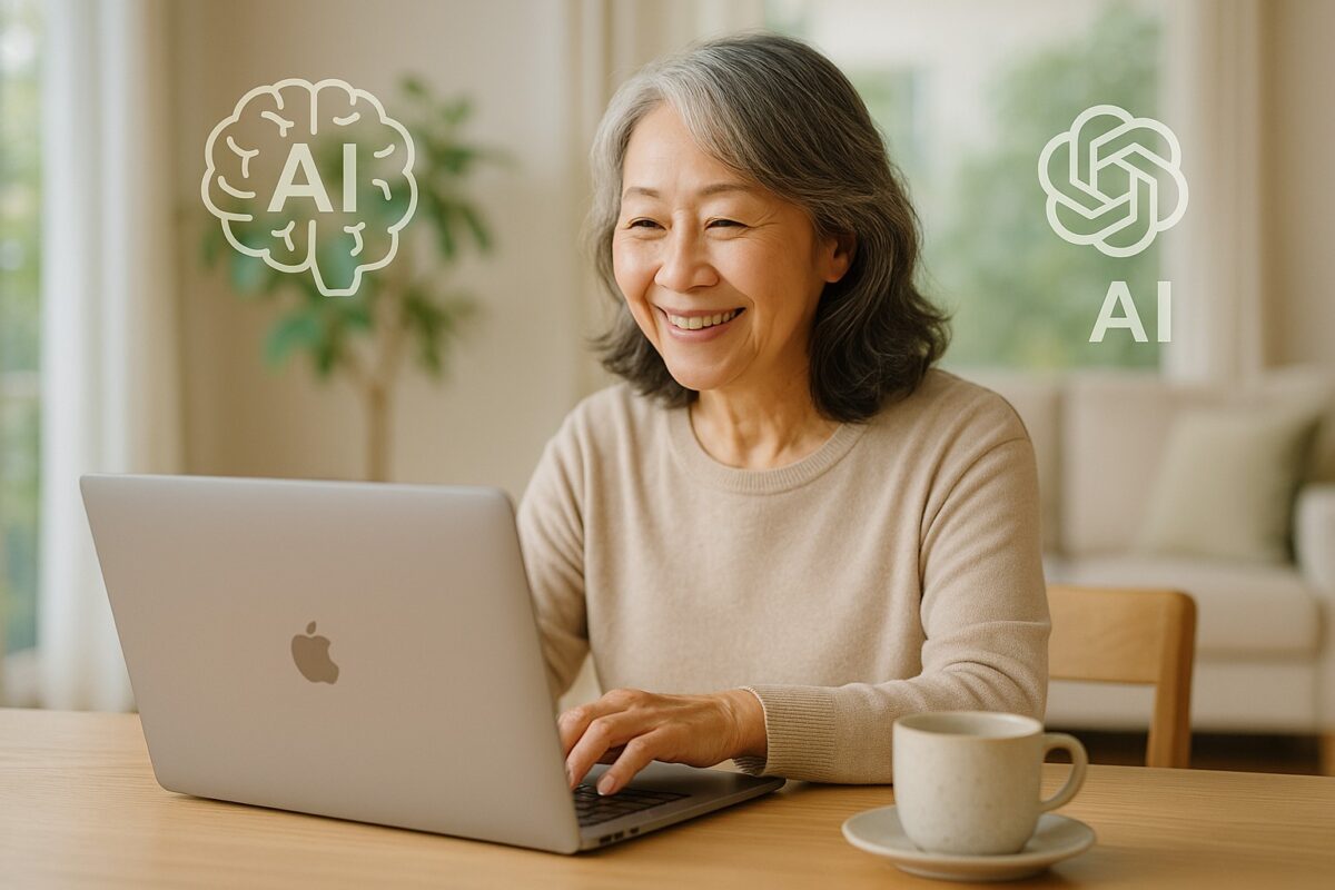 60代女性が自宅でノートPCを使いながら微笑む