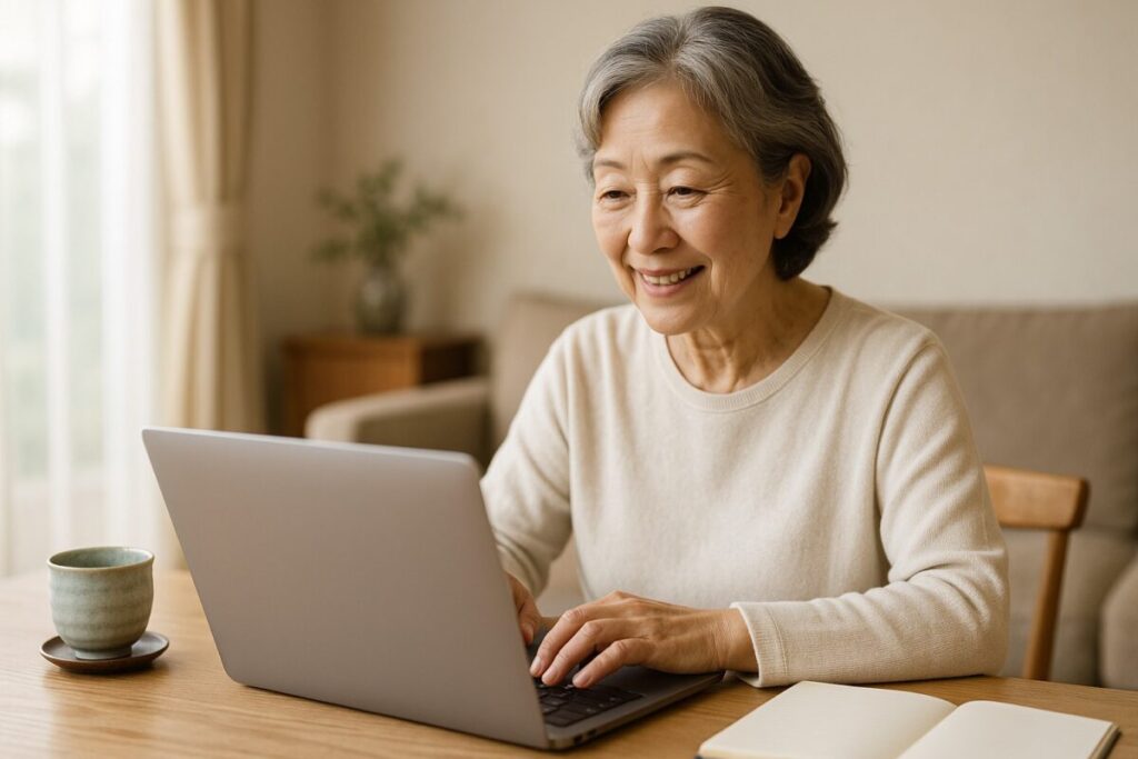 家事の合間にノートPCを触る女性