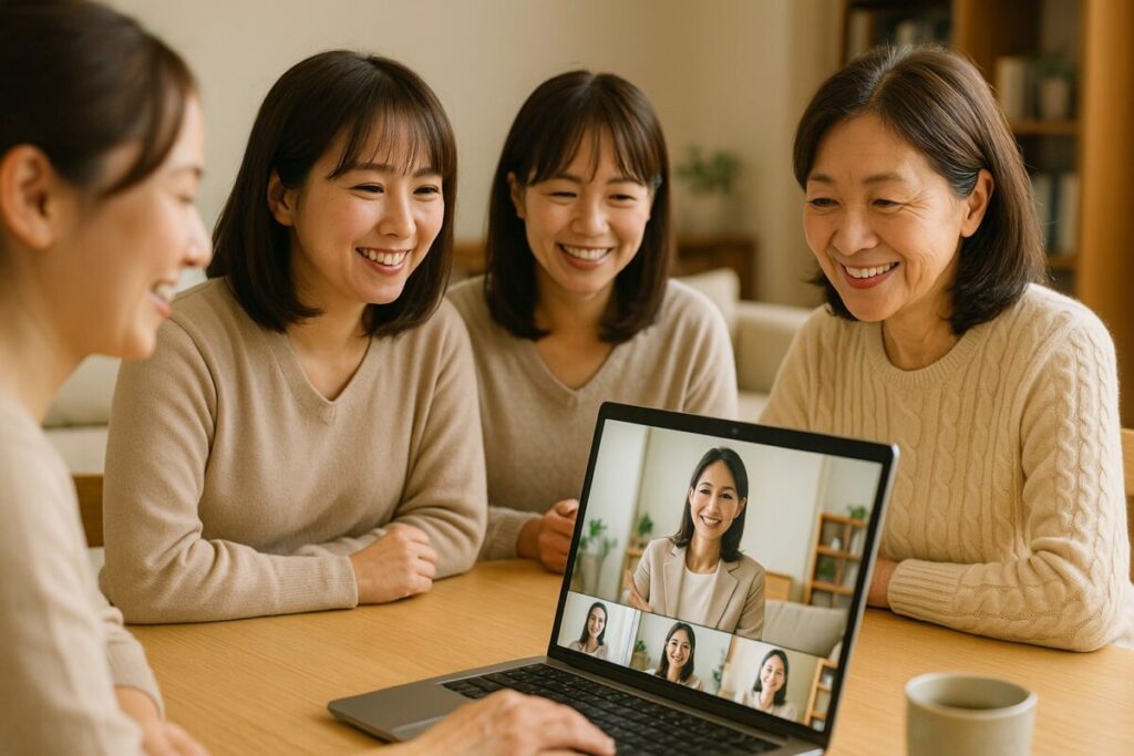 女性講師とオンラインで話す受講者たち(Zoom風)